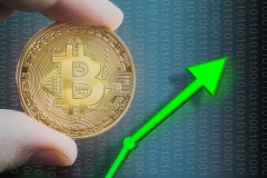 Bitcoin price rising and increase value of BTC.  Trading and holding coin with digital 1s and 0s.