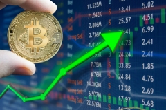 Bitcoin price rising and increase value of BTC.  Trading and holding coin with digital 1s and 0s.