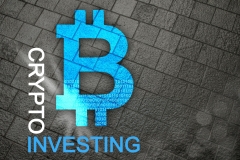 Crypto investing into Bitcoin and Altcoins for business profits and gains.  BTC logo on dark background for online investment concept.