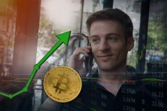 Handsome young investor gets news that bitcoin prices are soaring for huge profits in business gain.  Good news received over the phone by communications within company.