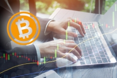 Business concept for online investing in crypto Bitcoin currency for professional investor and rising candles overlay for conceptual orange BTC and money increase.